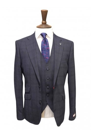 3 Piece Check Suit - Navy
