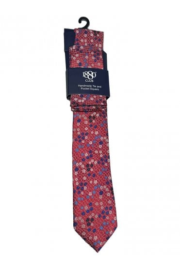 Boys Floral Grid Tie and Pocket Square Set - Raspberry Red