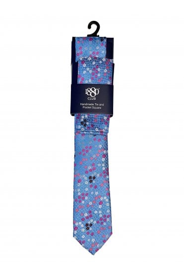 Boys Floral Tie and Pocket Square Set - Blue