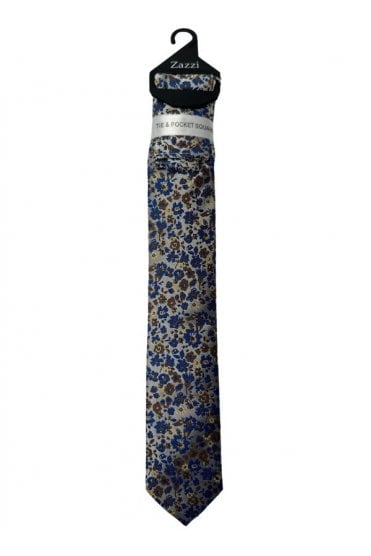 Boys Floral Tie and Pocket Square Set – Silver/Blue