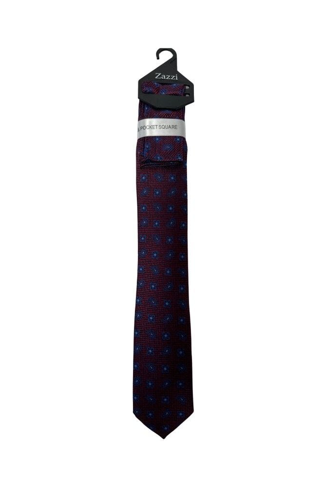 Boys Patterned Tie and Pocket Square Set – Burgundy/Blue