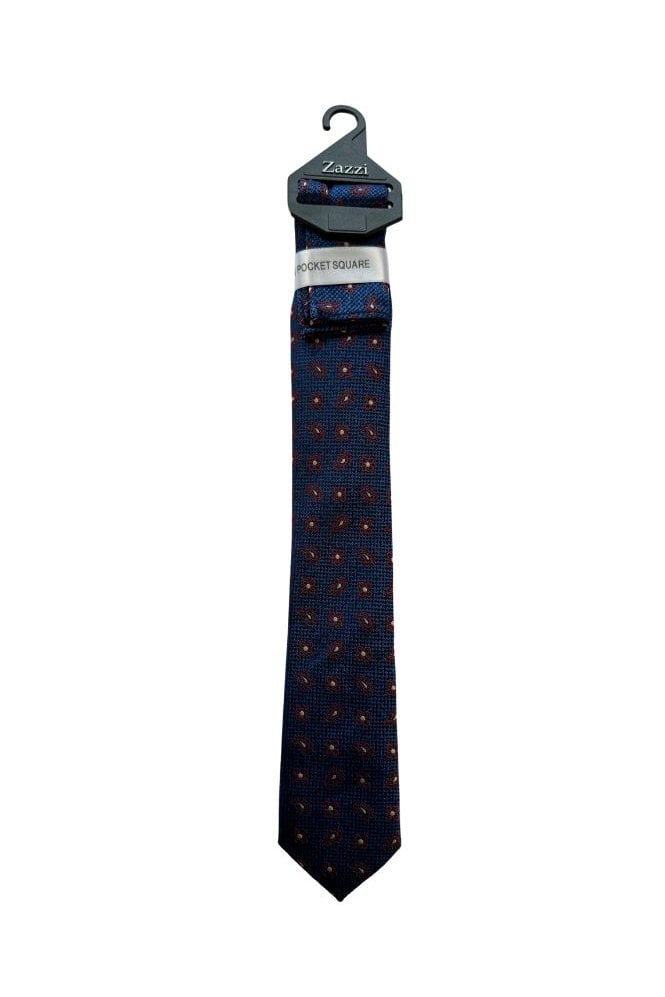 Boys Patterned Tie and Pocket Square Set – Navy