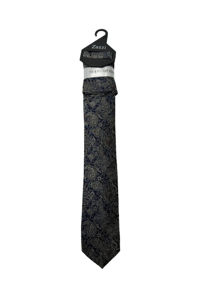 Boys Patterned Tie and Pocket Square Set – Navy/Silver