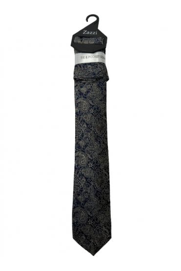 Boys Patterned Tie and Pocket Square Set – Navy/Silver