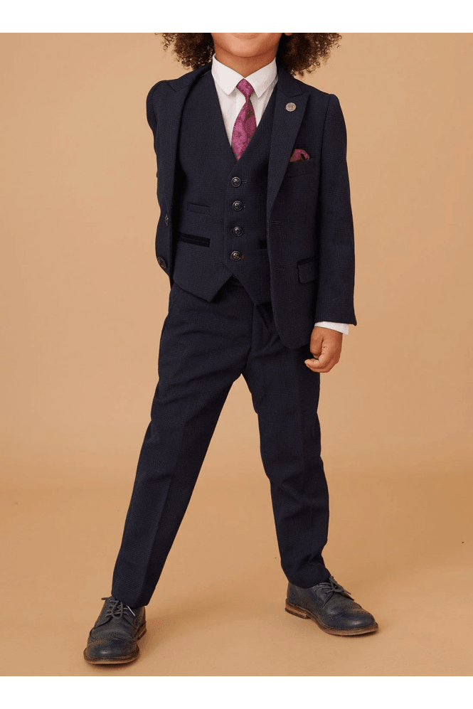 Bromley Boys Check Print 3 Piece Suit - Navy