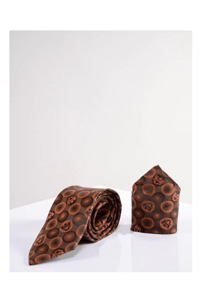 Bubbles Circle Print Tie and Pocket Square Set - Orange Brown