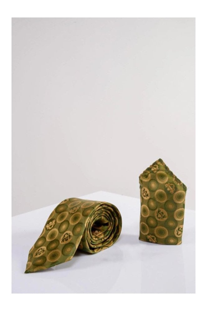 Bubbles Circle Print Tie and Pocket Square Set - Tan