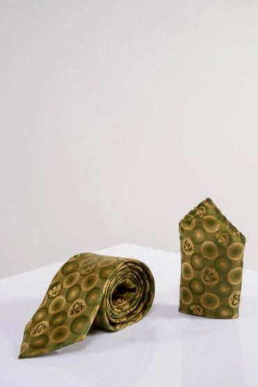 Bubbles Circle Print Tie and Pocket Square Set - Tan