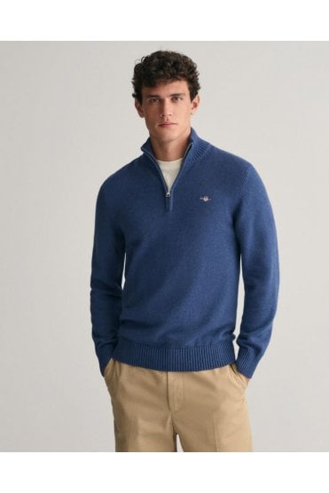 Casual Cotton Half-Zip Sweater – Dk Jeansblue Melange