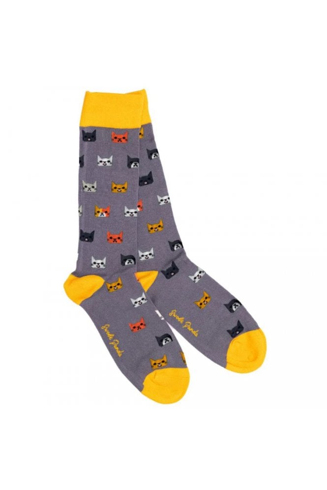 Cat Bamboo Socks – Grey/Yellow