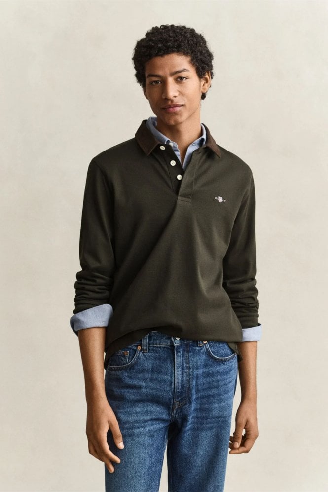Corduroy Collar Rugger – Dark Moss Green