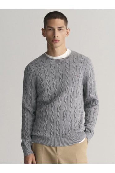 Cotton Cable Knit Crew Neck Sweater – Grey Melange