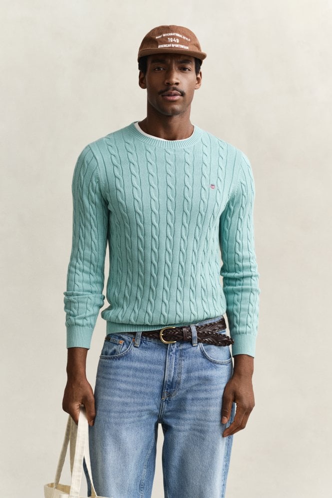  Cotton Cable Knit Crew Neck Sweater - Muted Turquoise