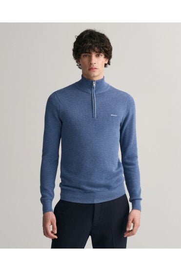 Cotton Piqué Half-Zip Sweater – Denim Blue Melange