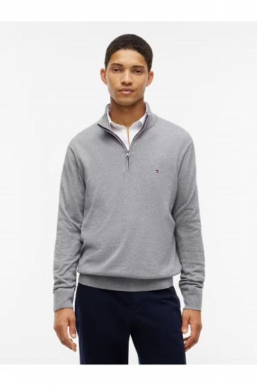 Cotton Quarter Zip Mock Neck Jumper - Medium Grey Heather 