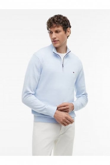 Cotton Quarter Zip Mock Neck Jumper - Sky Blue Heather