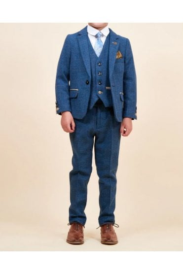 DION Boys Tweed Check Three Piece Suit - Blue
