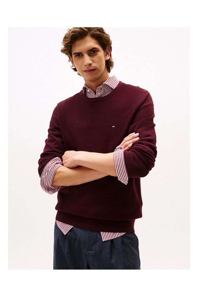 Flag Embroidery Textured Crew Neck Jumper – Deep Burgundy