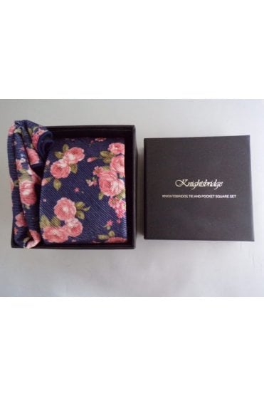 Floral Tie and Pocket Square - Blue
