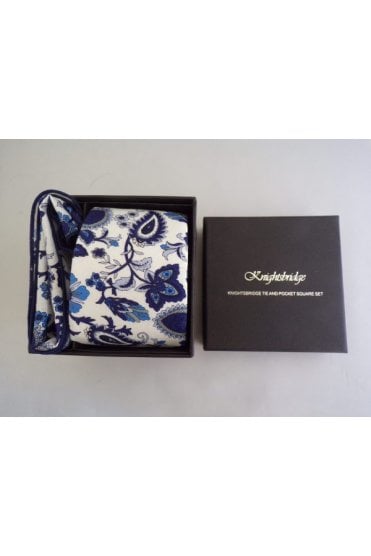 Floral Tie and Pocket Square Set - Blue Paisley