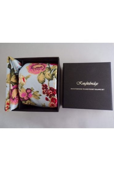 Floral Tie and Pocket Square Set - Sky Blue
