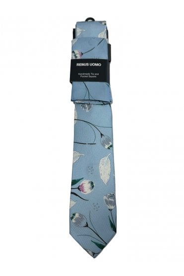 Handmade Abstract Tie and Pocket Square Set - Light Blue