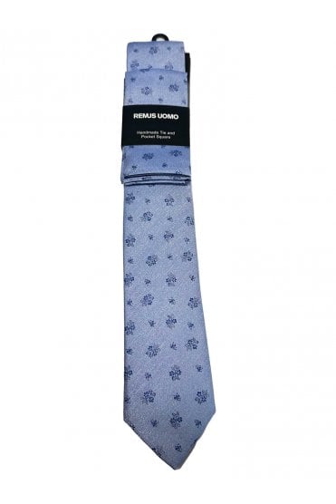 Handmade Floral Tie and Pocket Square Set - Blue
