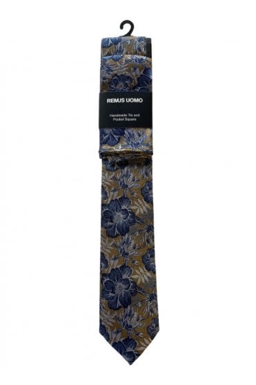 Handmade Floral Tie and Pocket Square Set – Light Brown