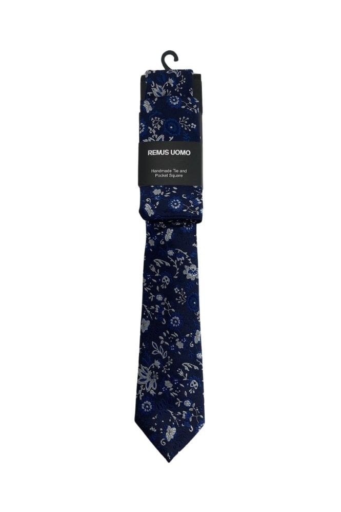 Handmade Floral Tie and Pocket Square Set – Navy