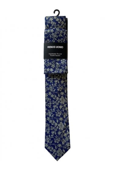 Handmade Patterned Tie and Pocket Square Set – Navy