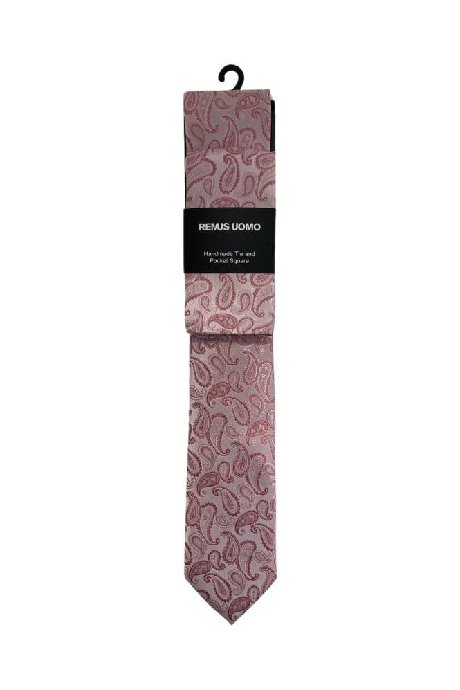 Handmade Patterned Tie and Pocket Square Set – Pink