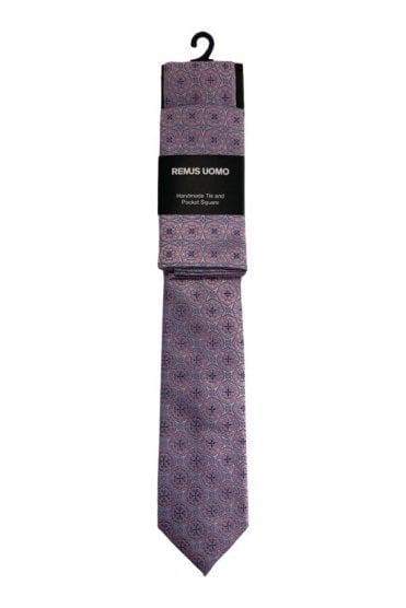 Handmade Patterned Tie and Pocket Square Set – Pink