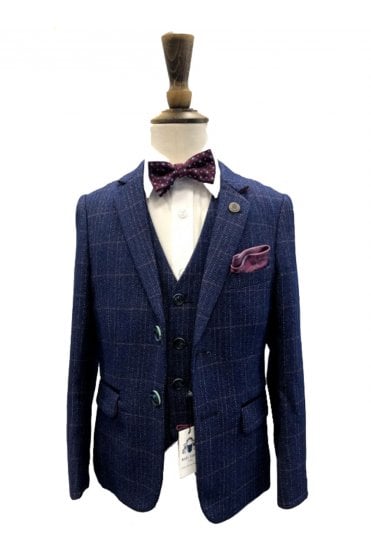HARRY Boys Tweed Check Three Piece Suit - Indigo