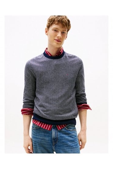 Herringbone Knit Jumper with Cashmere – Navy Blue / Ivory Petal