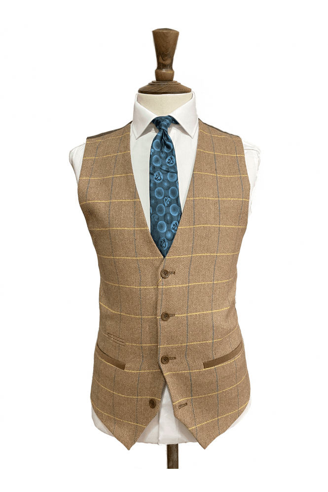 Len DX7 Herringbone Check Waistcoat - Oak Tweed