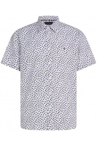 Linen Blend Short Sleeve Regular Fit Shirt – White / Preppy Navy