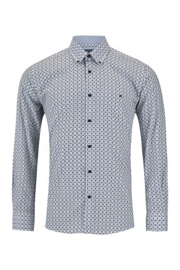 Long Sleeve Geometric Pattern Casual Shirt – Blue / White