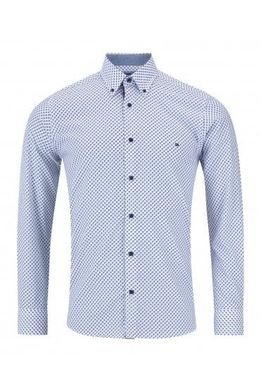 Long Sleeve Geometric Pattern Casual Shirt – Blue / White