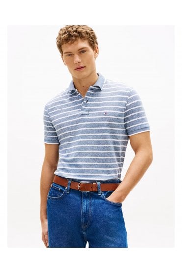 Regular Fit Pique Polo Shirt with Linen – Blue Jean / White