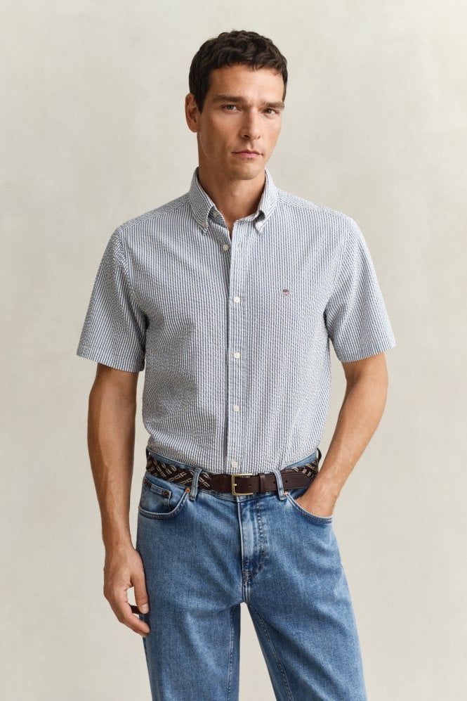Striped Seersucker Short Sleeve Shirt – Vintage Blue