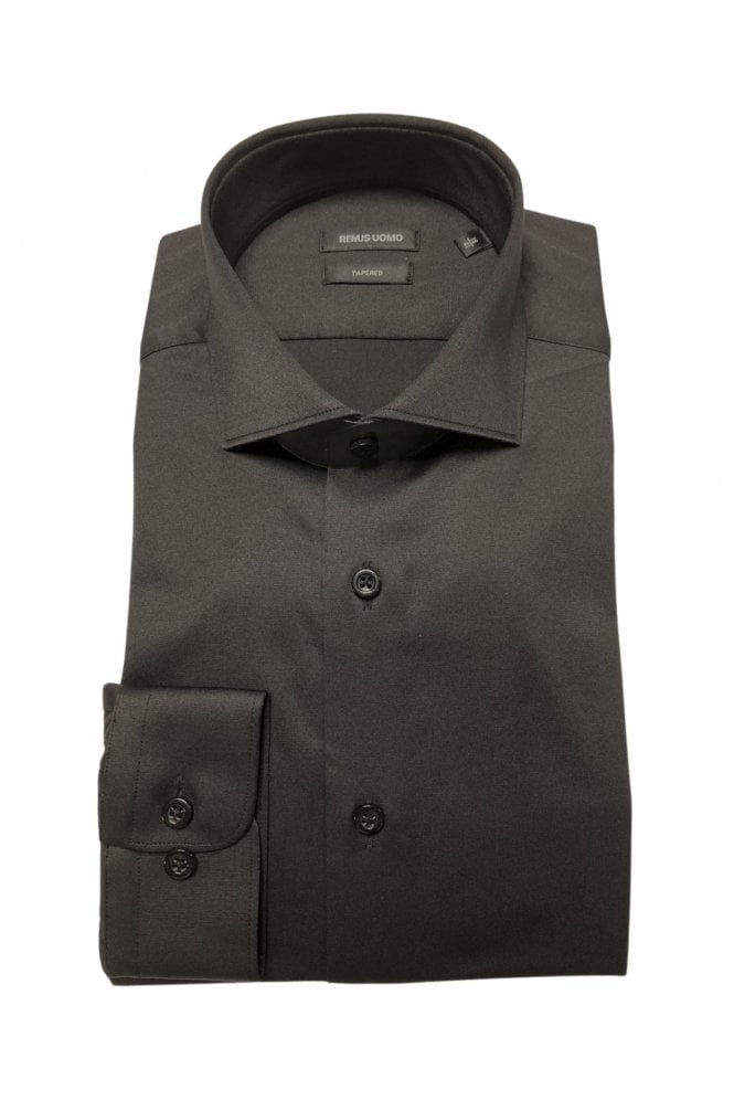 Tapered Fit Cotton Stretch Shirt – Black