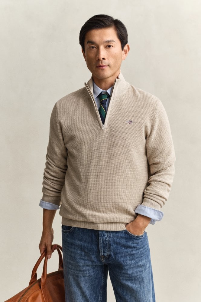 Textured Cotton Half-Zip Sweater - Oat Melange