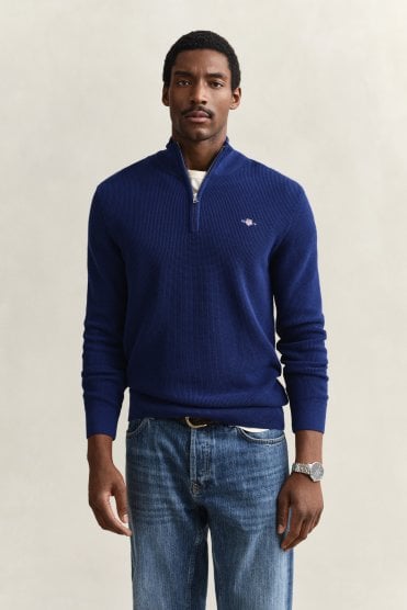  Textured Cotton Half-Zip Sweater - Rich Navy