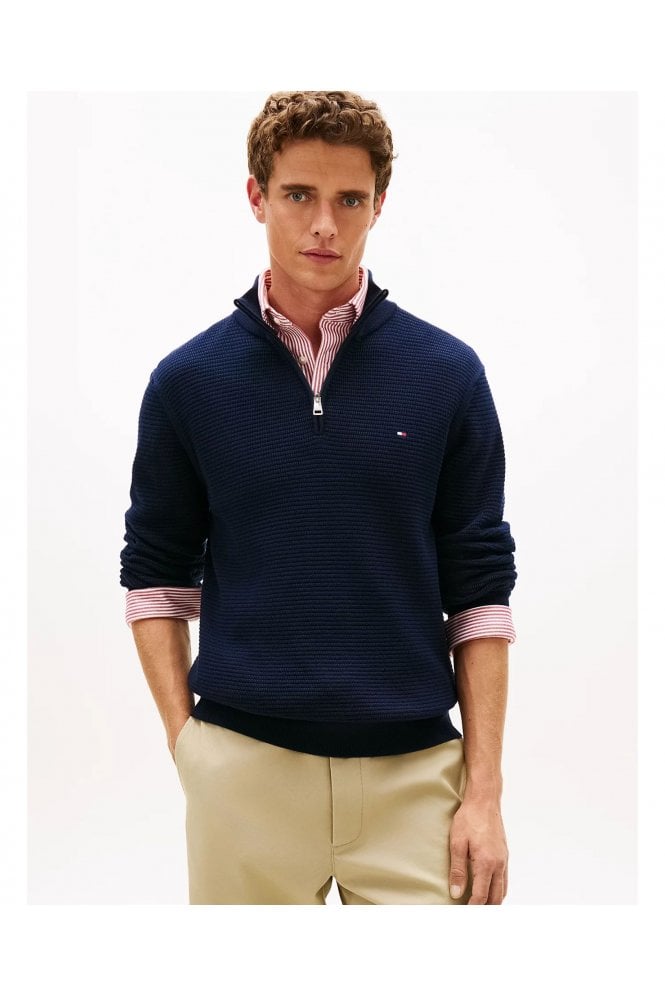 Textured Quarter-Zip Mock Neck Jumper – Navy Blue