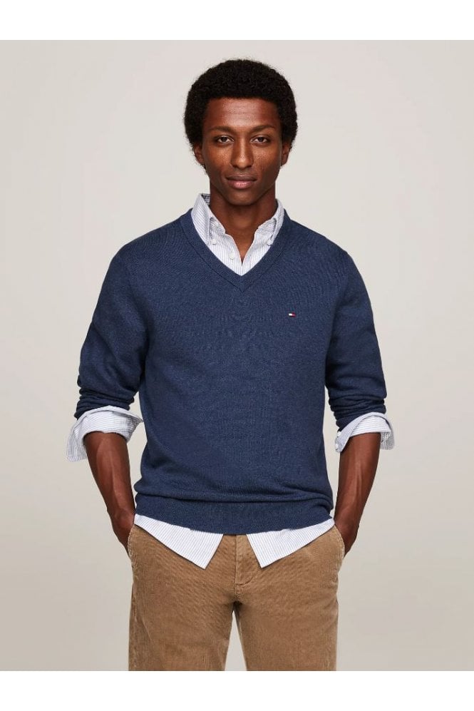 V-Neck Jumper with Cashmere – Aegean Sea Heather