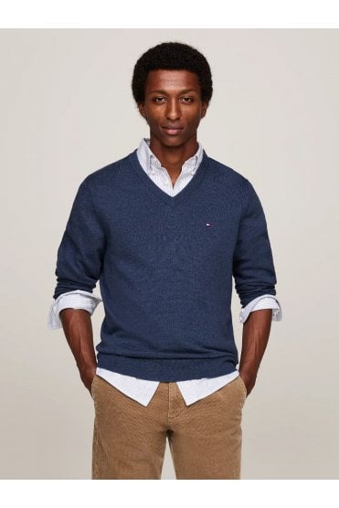 V-Neck Jumper with Cashmere – Aegean Sea Heather