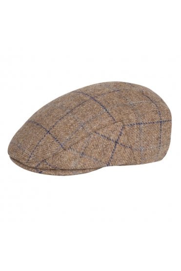 Windowpane Check Tweed Flat Cap - Camel